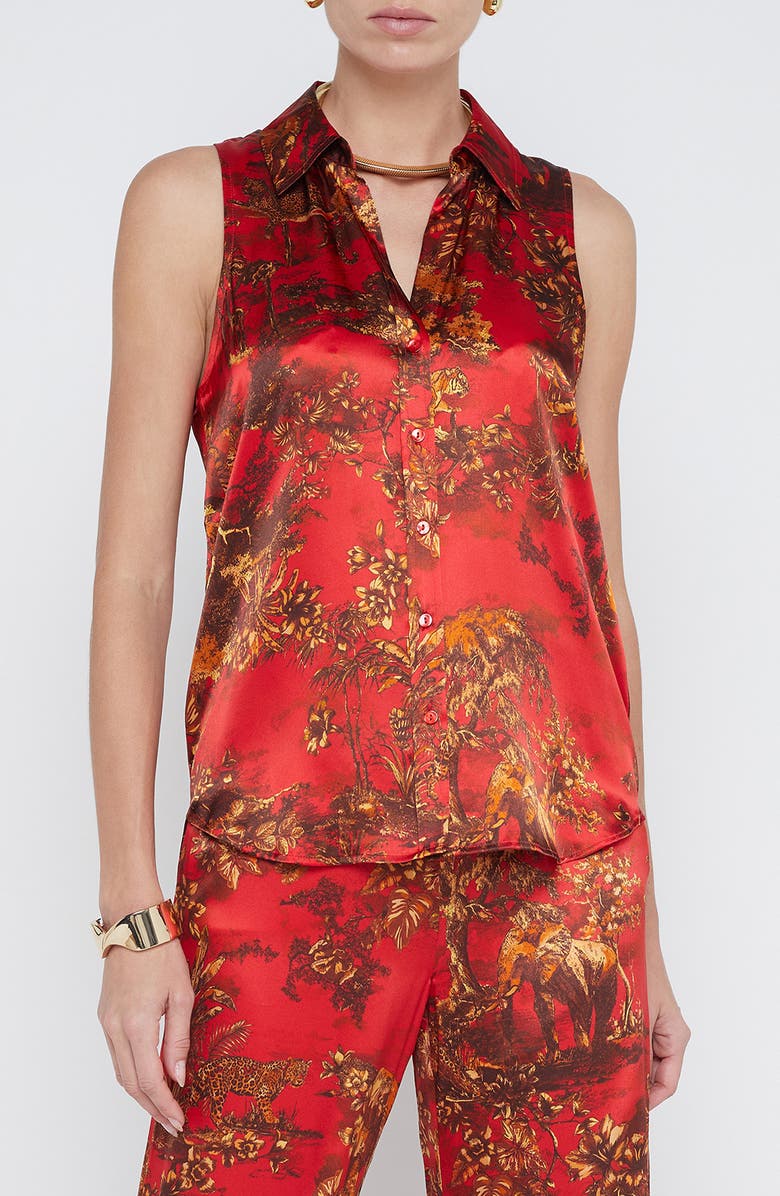 L'AGENCE Emmy Sleeveless Silk Shirt, Main, color, High Risk Red Jungle Toile
