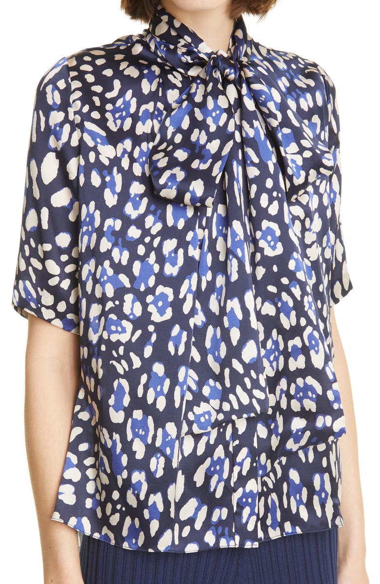 Adam Lippes Leopard Print Tie Neck Silk Blouse, Alternate, color, 
