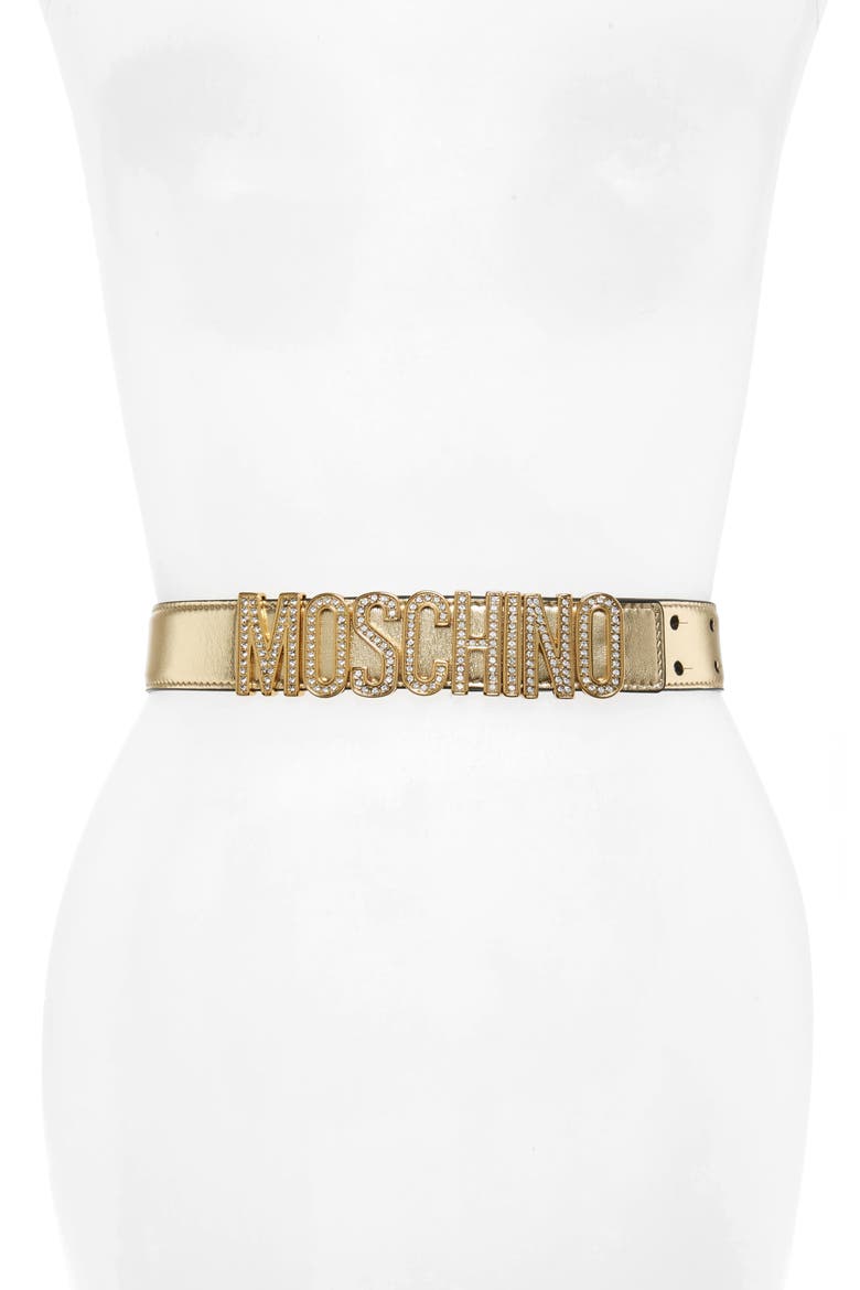 Jeweled Logo Plaque Metallic Leather Belt, Main, color, SHINY GOLD/ GOLD