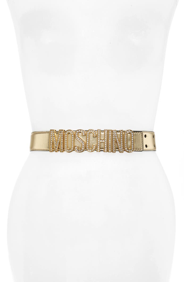 Moschino Jeweled Logo Plaque Metallic Leather Belt, Main, color,