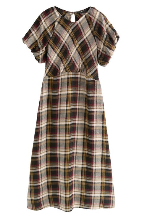 Plaid Puff Sleeve Midi Dress