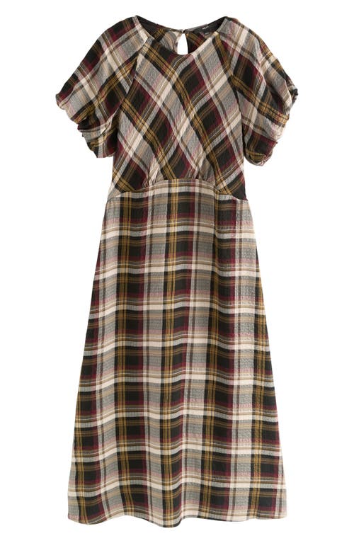 Next Plaid Puff Sleeve Midi Dress In Brown