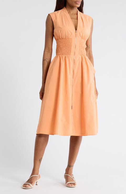 Smocked Waist Zip Midi Dress