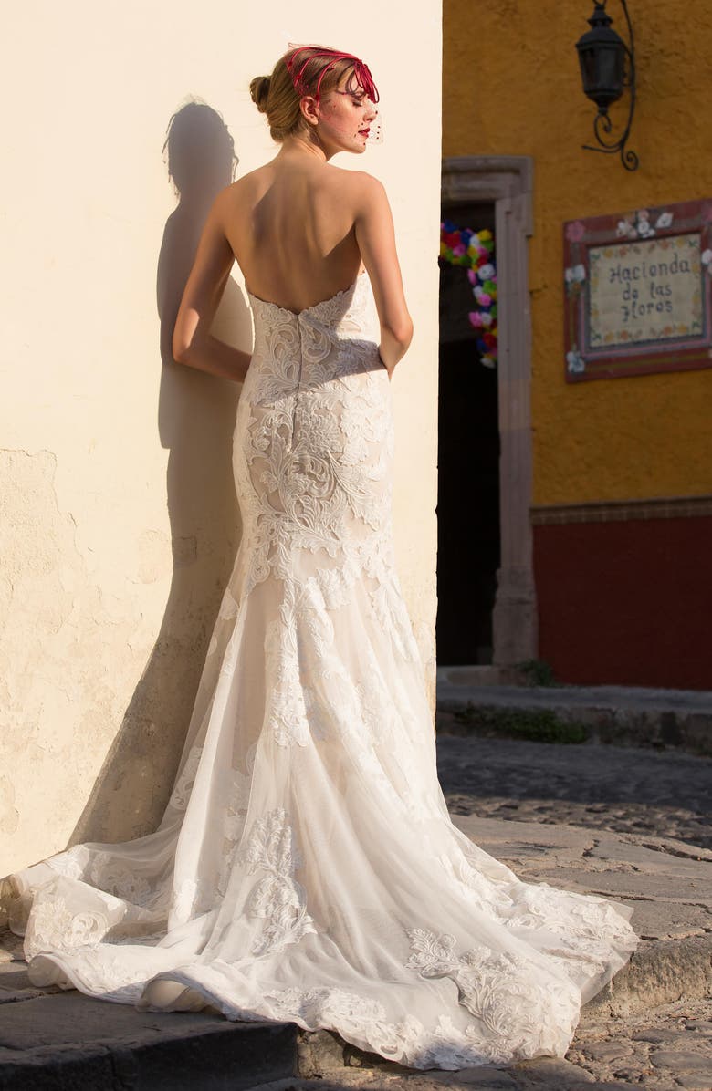 Watters Tris Embroidered Strapless English Net Trumpet Gown, Alternate, color,