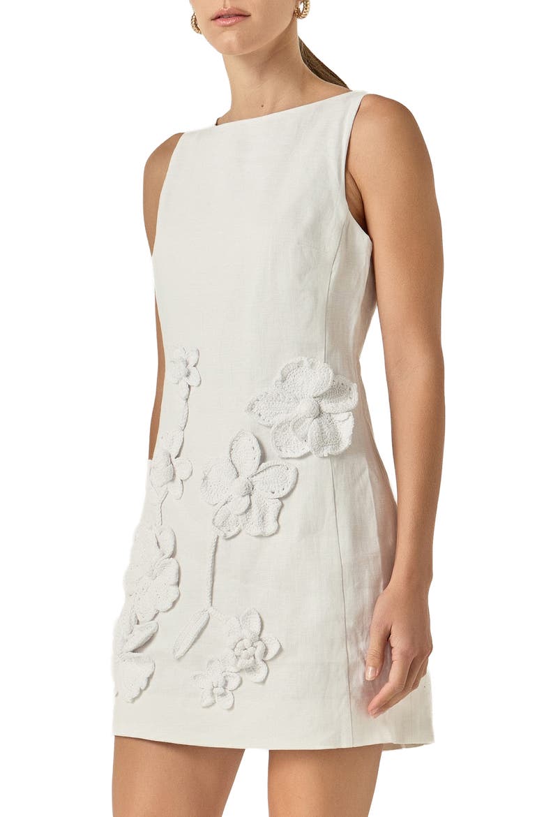 Crochet Flower Linen Minidress, Alternate, color, OFF WHITE