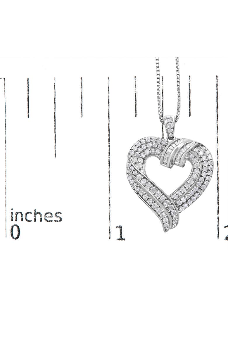 Silver 1.00 Cttw Baguette Diamond Composite Open Heart Pendant Necklace, Alternate, color, White