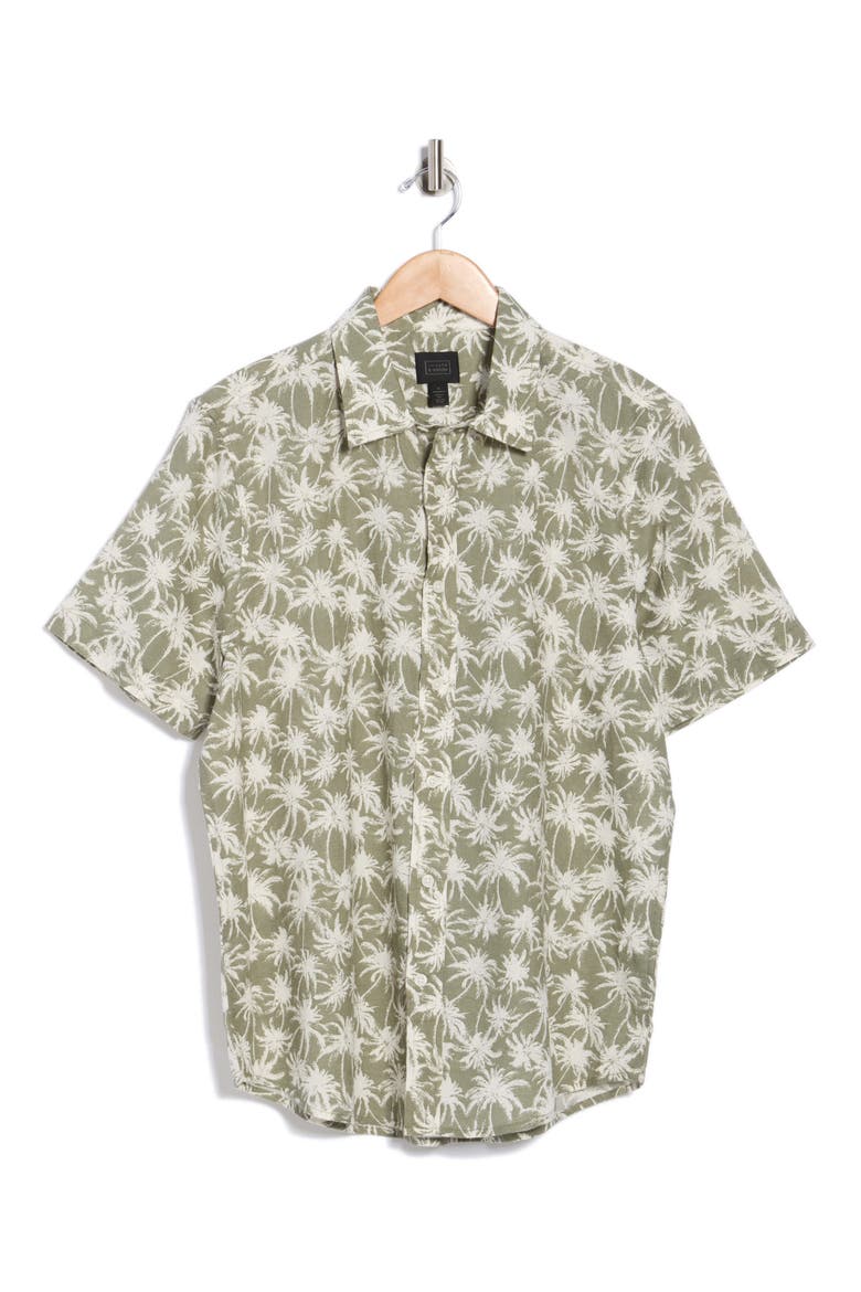 Palms Linen & Cotton Button-Up Shirt, Alternate, color, GREEN FEATHER PALMS