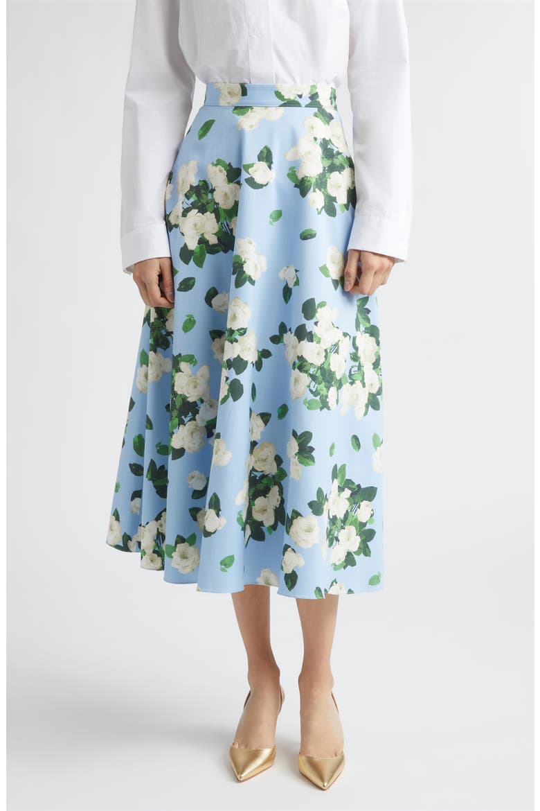 Rose Print Midi Skirt, Main, color, CLOUDY BLUE MULTI