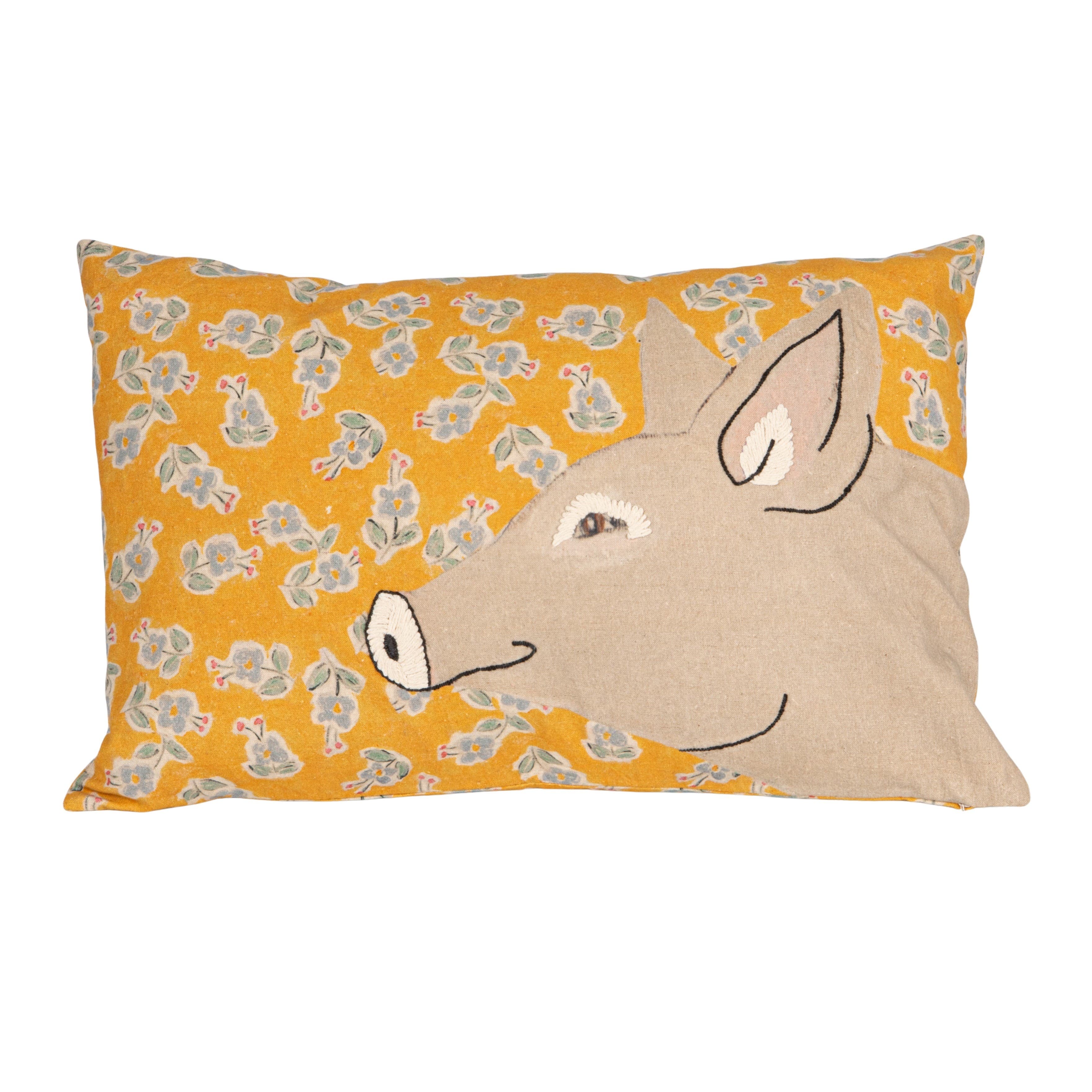 Storied Home Cotton Blend Printed Pillow With Pig Image And Embroidery, Multi Color In Yellow