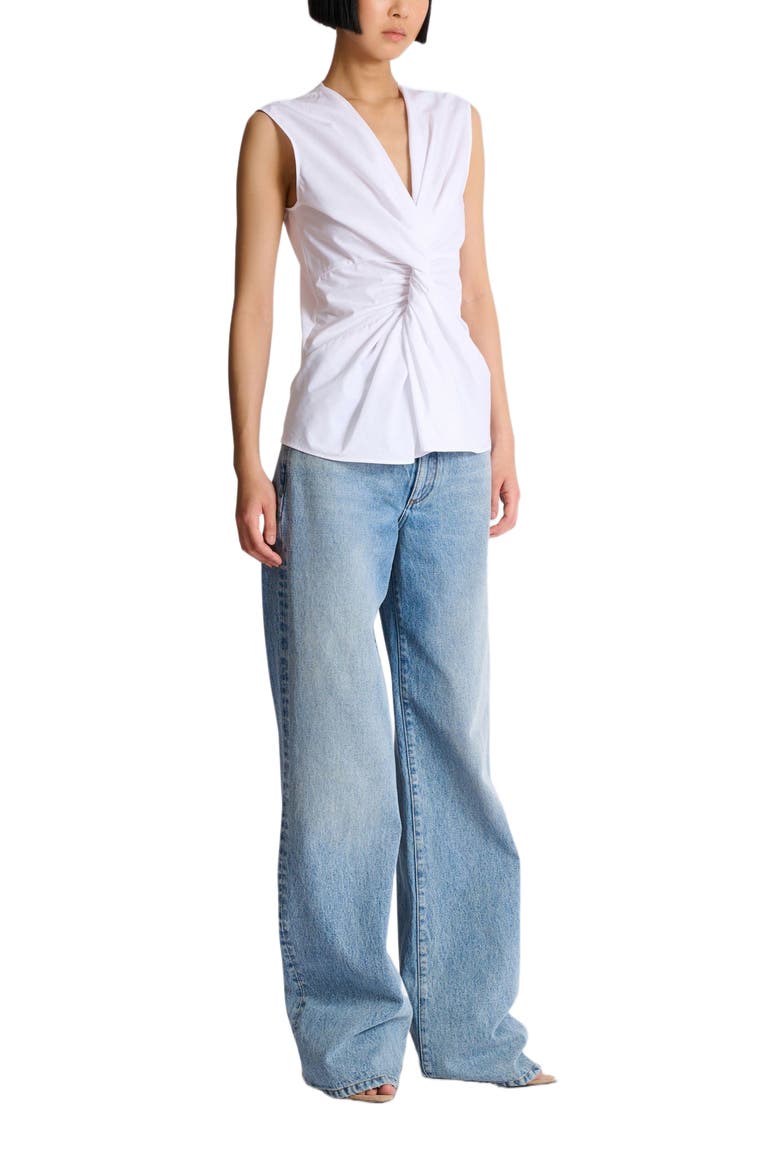 Draped sleeveless cotton poplin shirt, Main, color, white