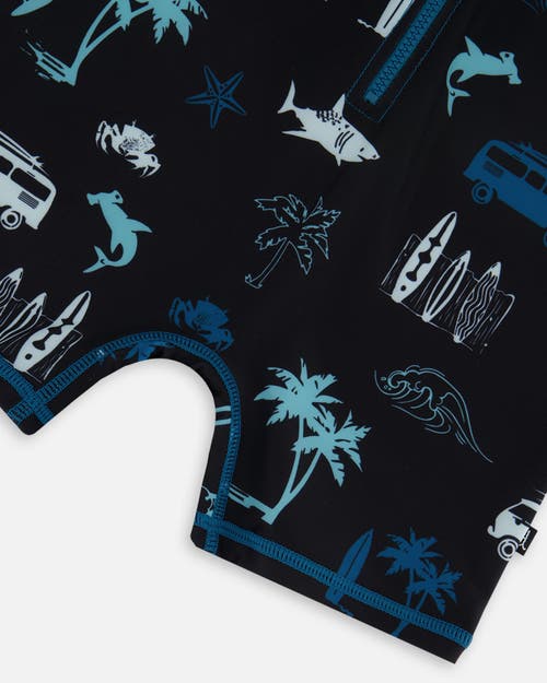 DEUX PAR DEUX DEUX PAR DEUX LITTLE BOY'S PRINTED LONG SLEEVE RASHGUARD LIGHT BLUE BEACH ON BLACK 