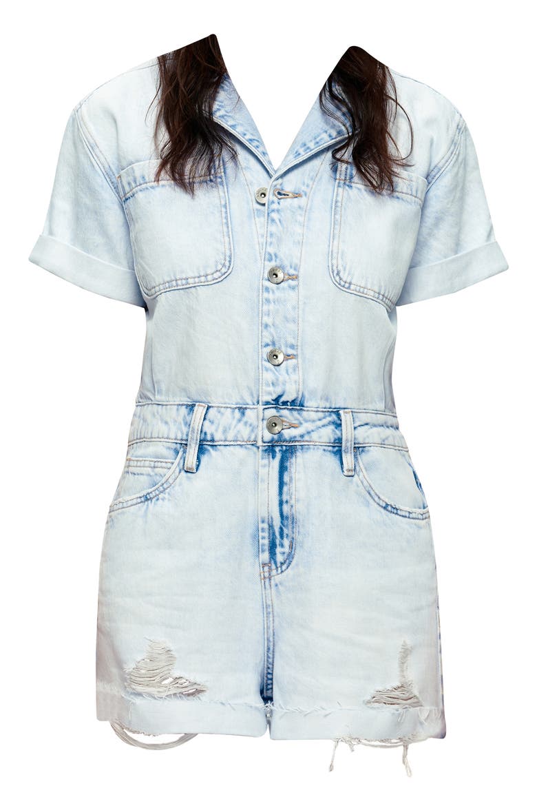 Grace Distressed Denim Romper, Alternate, color, LIGHT SKY