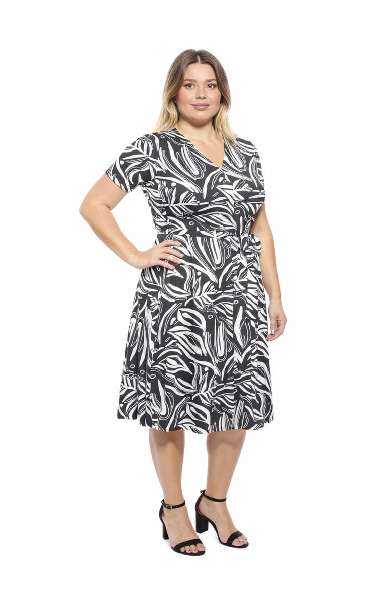24seven Comfort Apparel Curvy Essential Abstract V-Neck Short Sleeve A-Line Midi Dress, Alternate, color, Black Multi