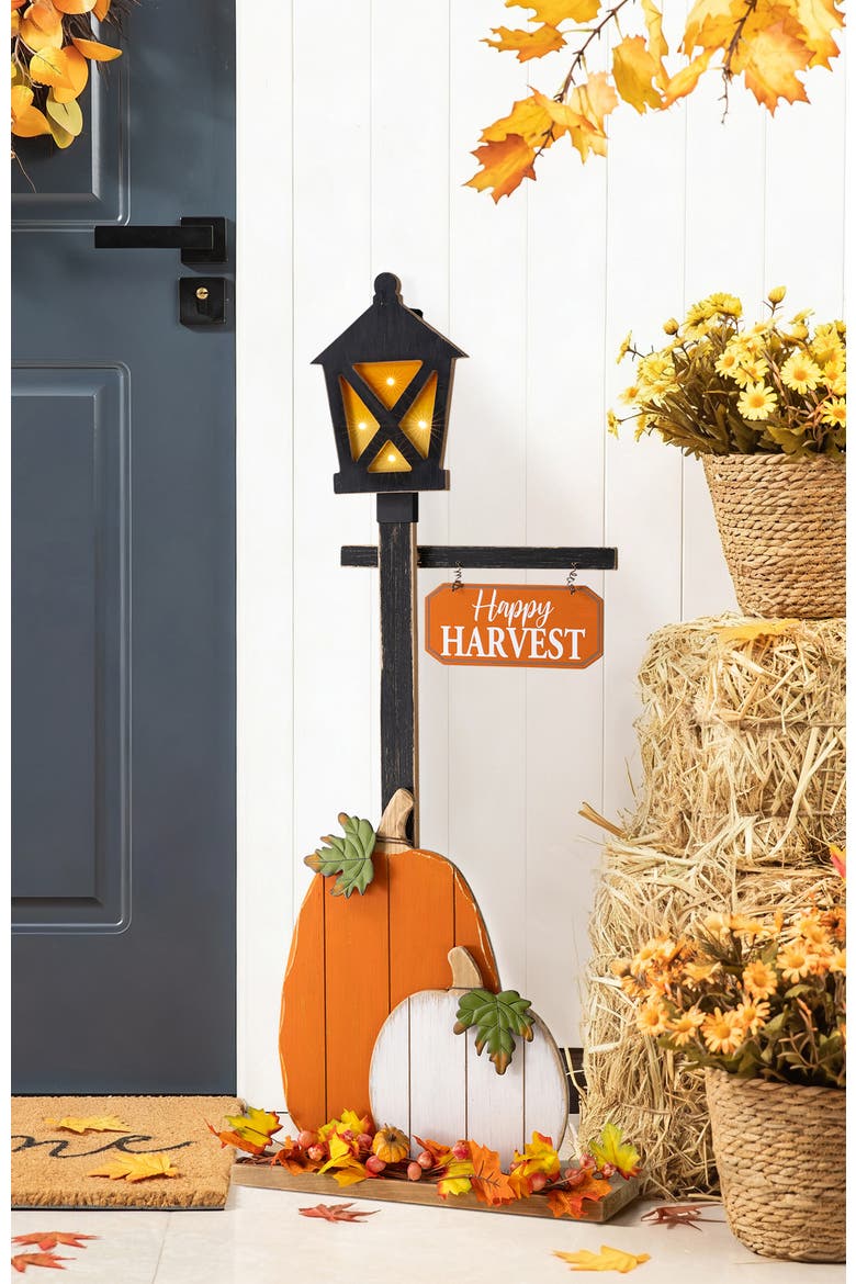 Fall Thanksgiving Lighted Wooden Lamp Post Porch Decor, Alternate, color, Black