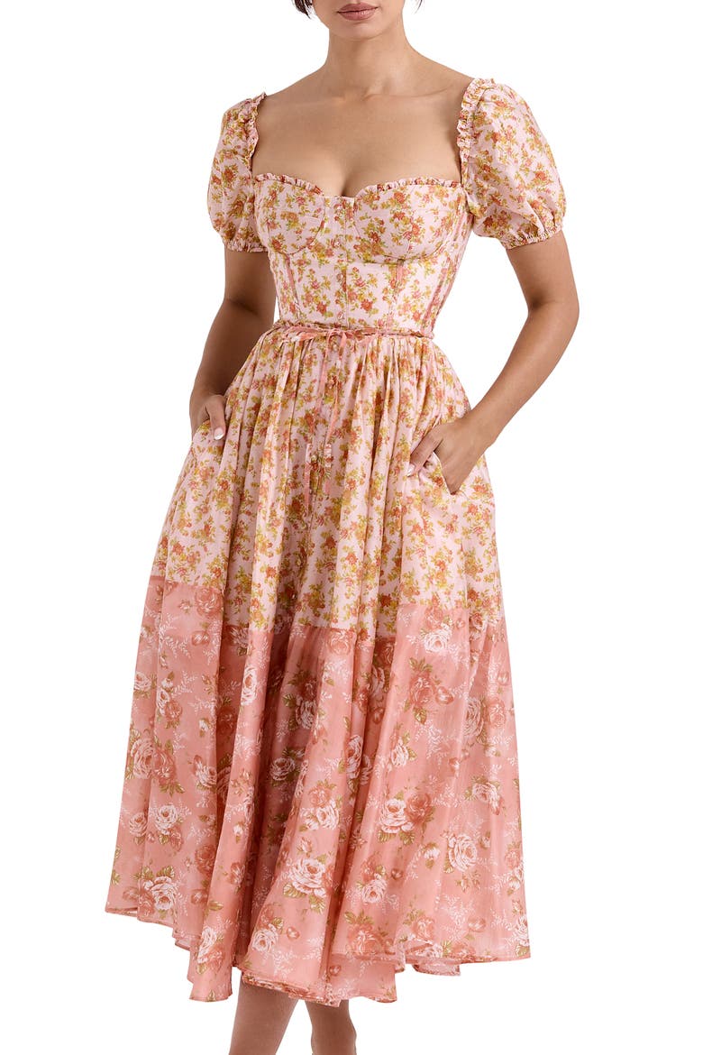 ditsy floral puff sleeve corset dress MissJophiel Corset Floral Print Organza Midi Dress with Puff Sleeves Floral Print / Above Knee / US2