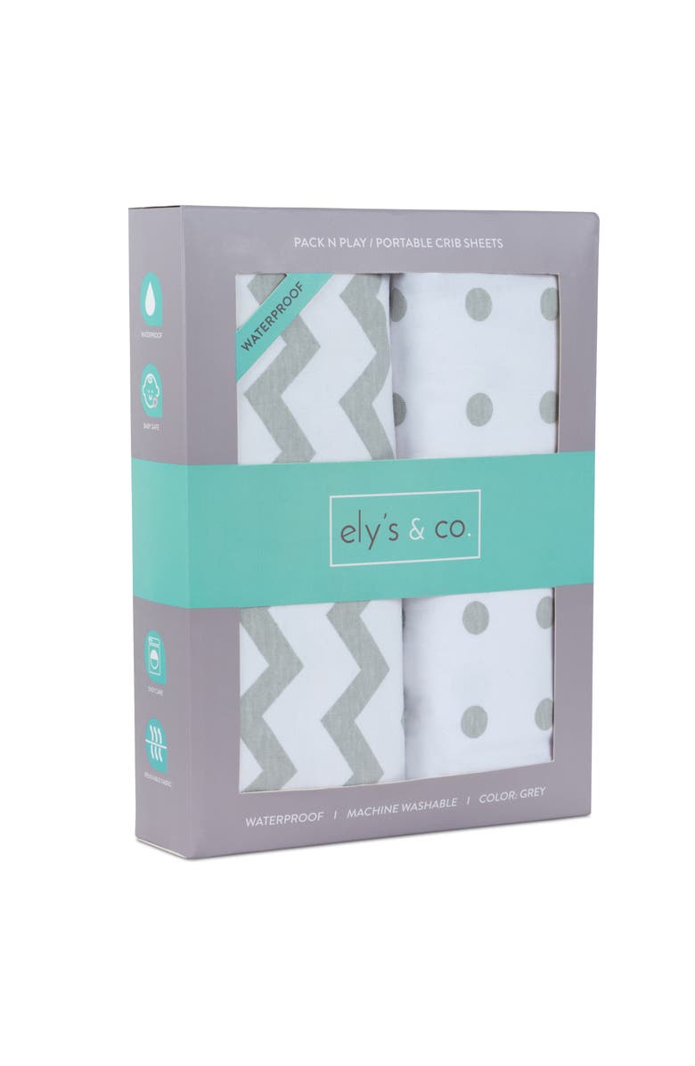 Ely's & Co. Baby Fitted Waterproof Pack N Play | Mini Portable Crib Sheet Set 2 Packs, Alternate, color, Grey Chevron & Polka Dot