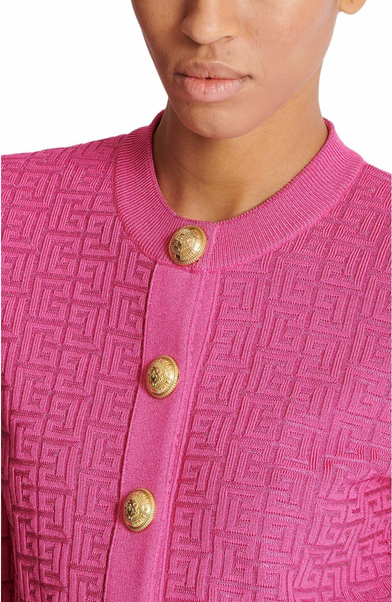 Balmain Cropped Monogrammed Knit Cardigan, Alternate, color, Pink