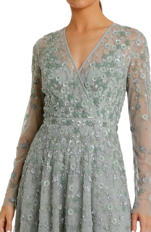 MAC DUGGAL MAC DUGGAL EMBELLISHED WRAP OVER ILLUSION LONG SLEEVE A LINE GOWN