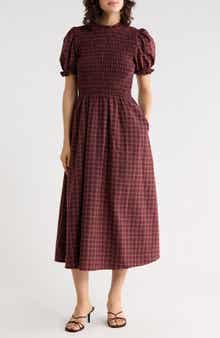 Plaid Smocked Bodice Midi Dress
