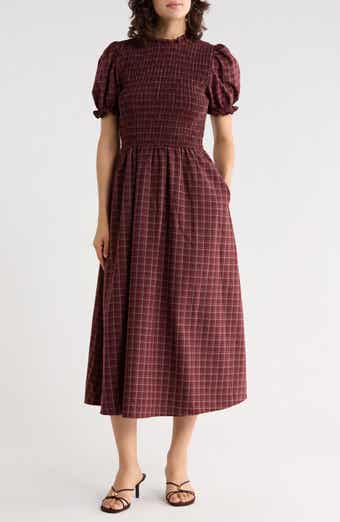 Plaid Smocked Bodice Midi Dress