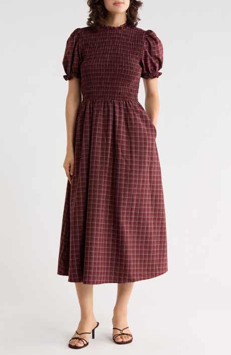 Plaid Smocked Bodice Midi Dress