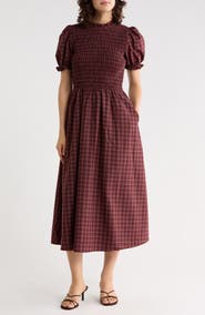 AUGUST SKY Plaid Smocked Bodice Midi Dress