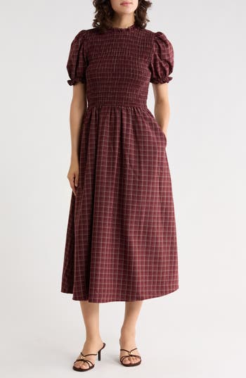 August Sky Plaid Smocked Bodice Midi Dress In Burgundy Plaid
