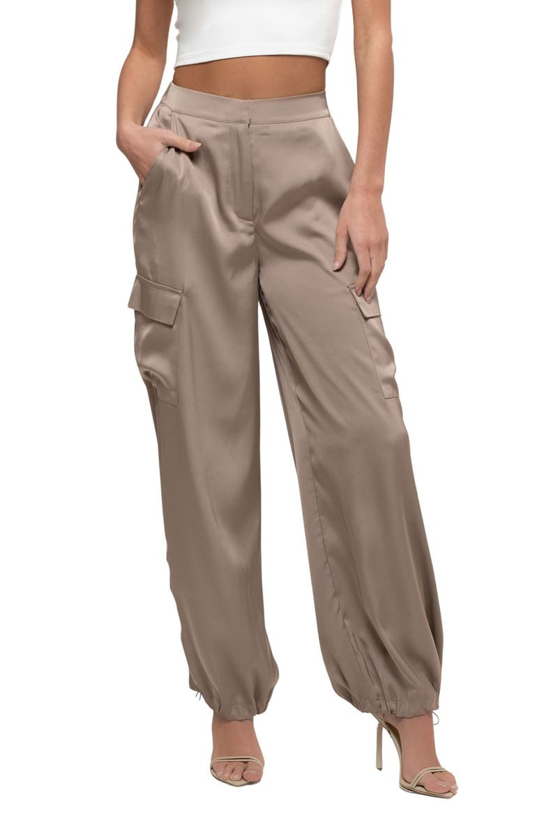 High Waist Satin Cargo Joggers, Main, color, TAUPE