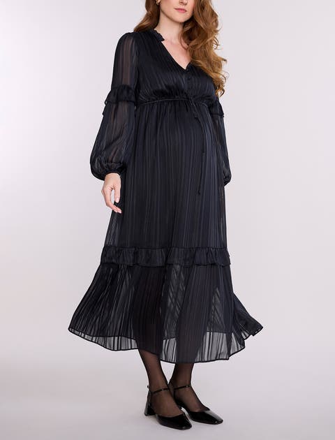 V-Neck Long Sleeve Tiered Maxi Dress