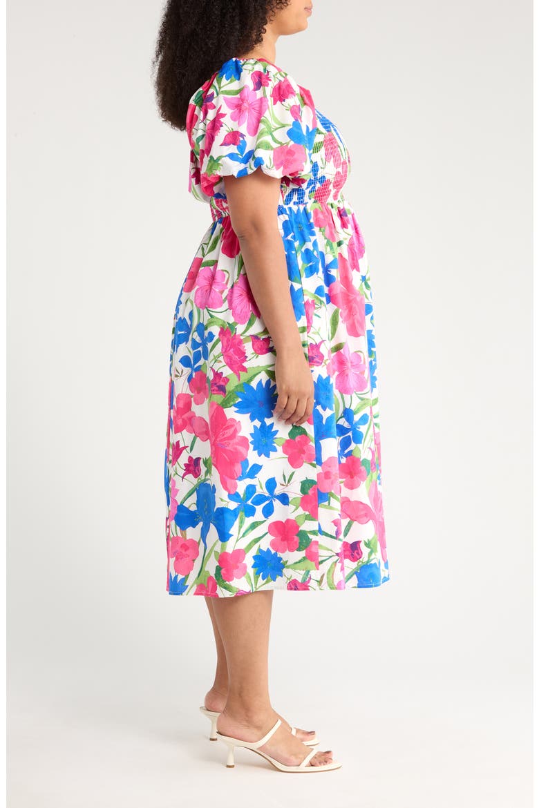 Liran Floral Maray Smocked Cotton Midi Dress, Alternate, color, PINK/ BLUE