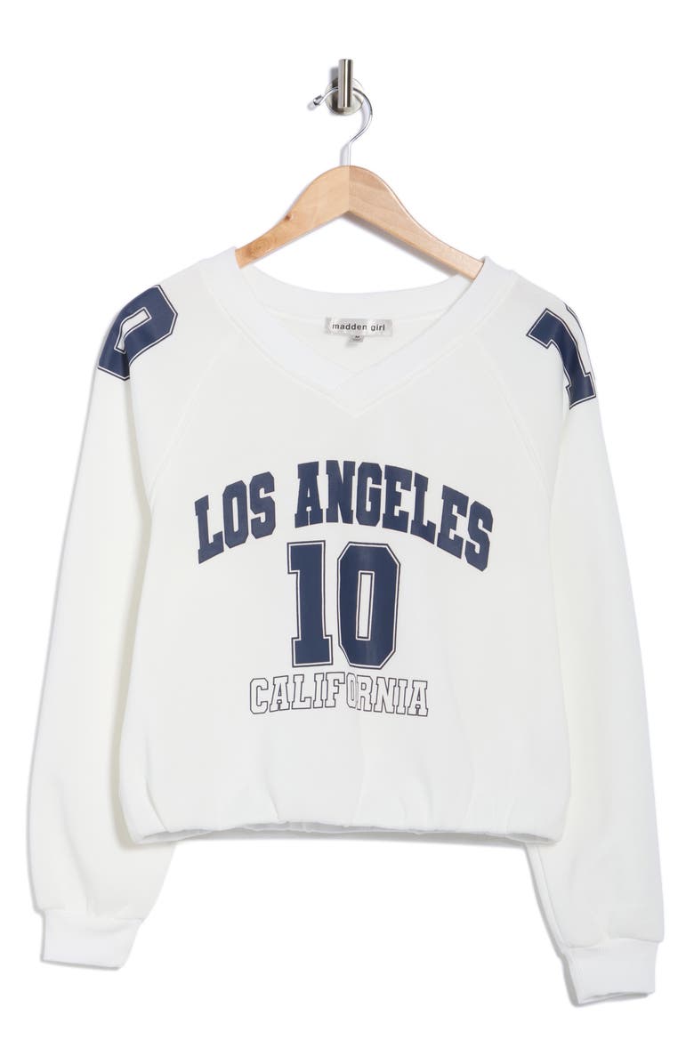 Madden Girl Athletic Bubble Hem Sweatshirt, Alternate, color, Ivory/ Navy