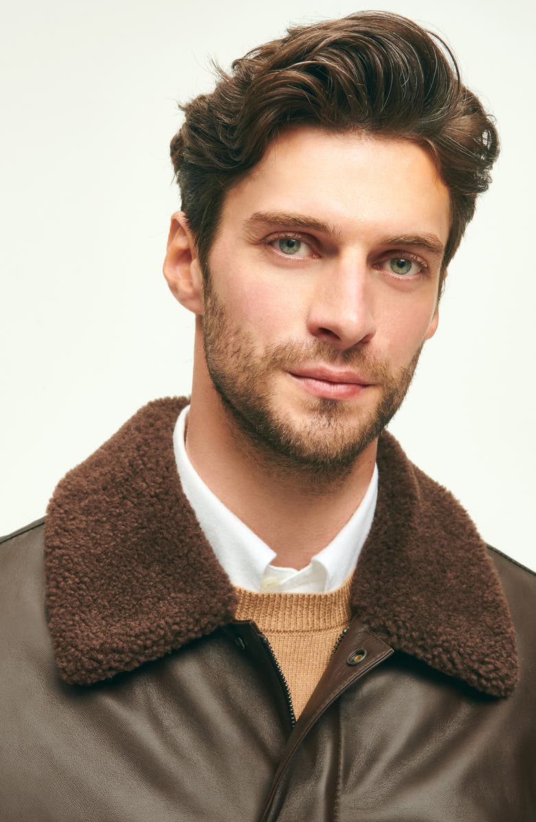 Brooks Brothers Leather Flight Jacket with Genuine Shearling Collar, Alternate, color,