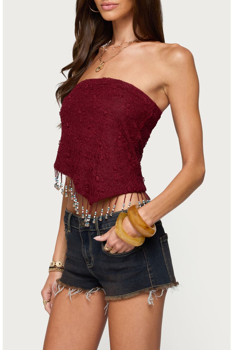 Lace Beaded Fringe Asymmetric Hem Tube Top, Alternate, color, BURGUNDY