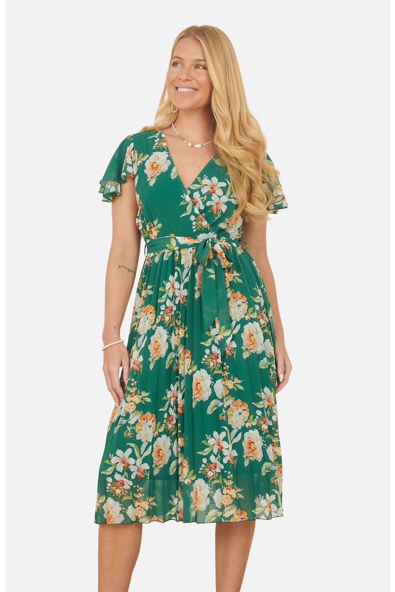 Pleated Floral Tie-Waist Wrap Midi Dress, Alternate, color, Green