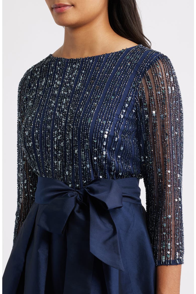 Bow Long Sleeve Sequin & Taffeta Gown, Alternate, color, NAVY