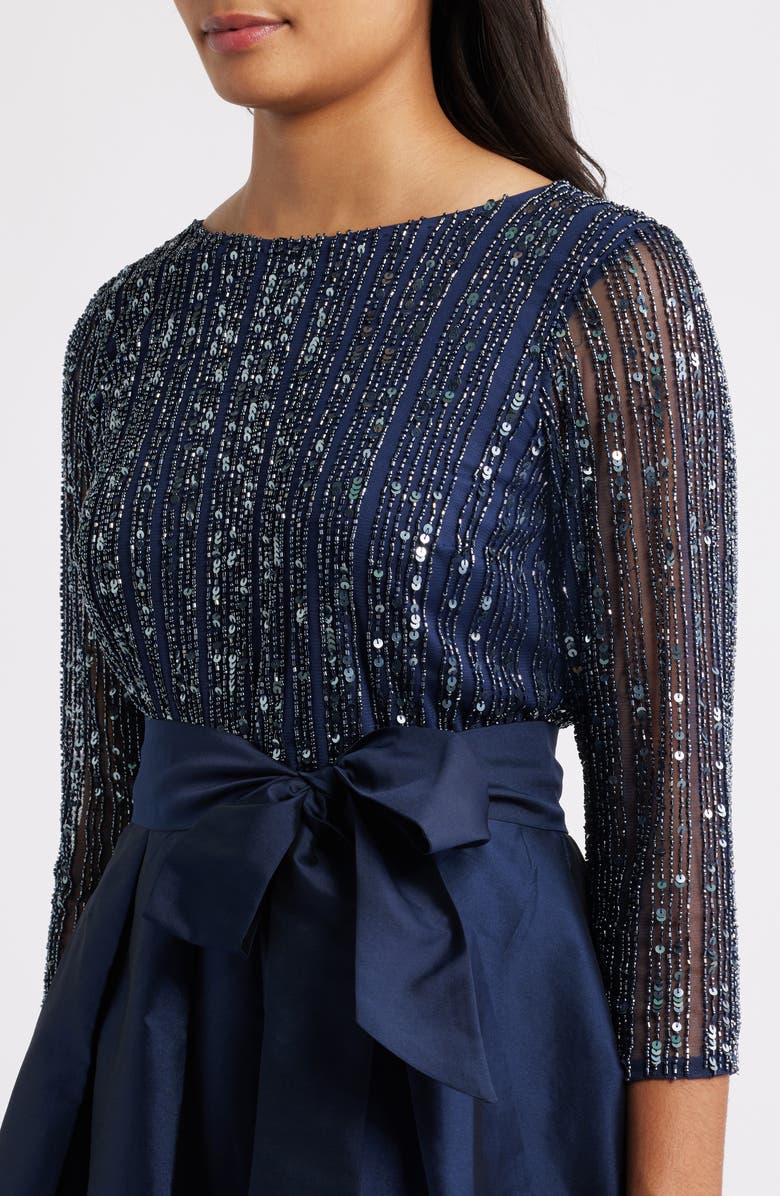 Pisarro Nights Bow Long Sleeve Sequin & Taffeta Gown, Alternate, color, Navy