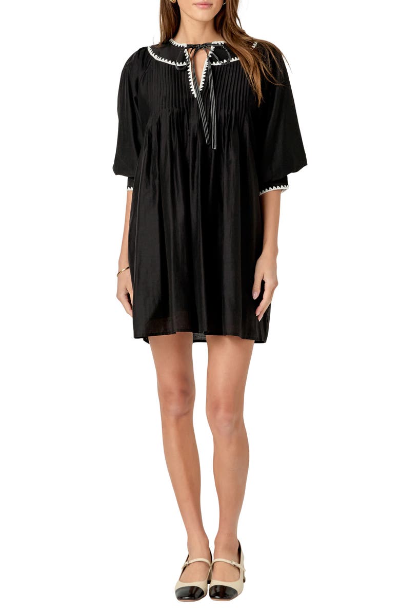 English Factory Embroidered Tie Neck Minidress, Main, color, Black/ White