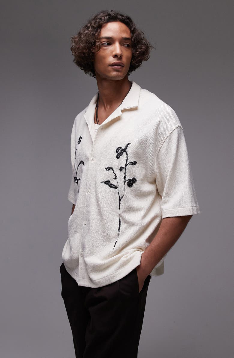 Topman Embroidered Boxy Cotton Blend Button-Up Shirt, Main, color, Cream