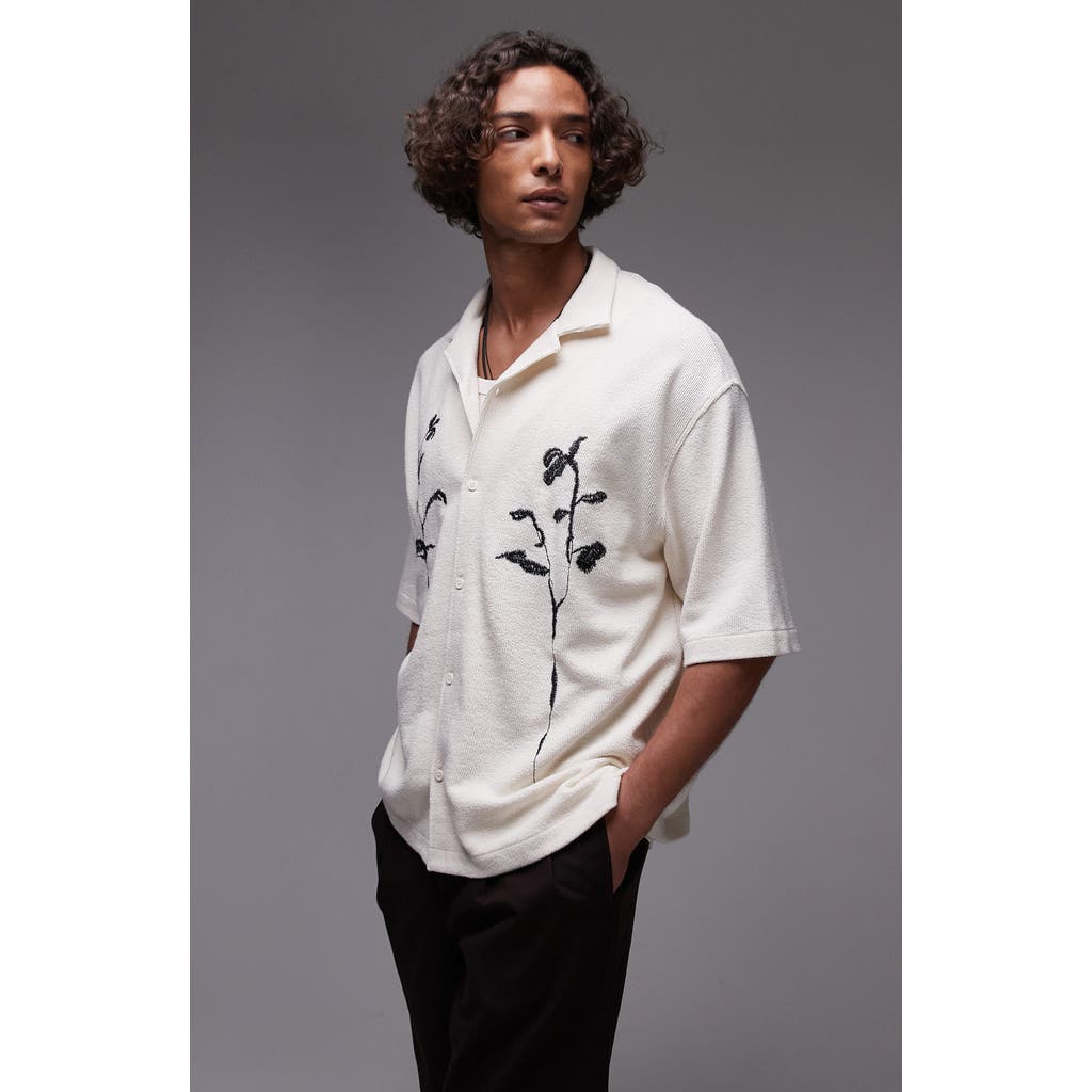 Topman Embroidered Boxy Cotton Blend Button-up Shirt In White