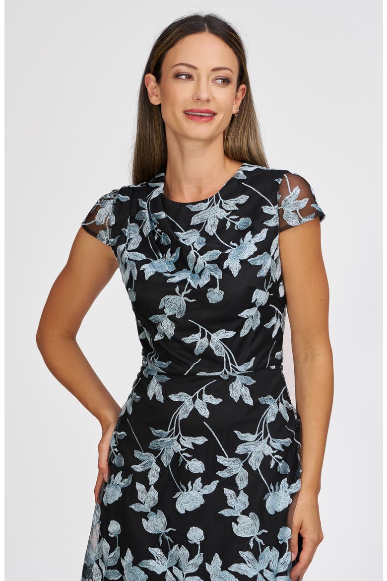 Yvette Embroidered Midi Dress, Alternate, color, BLACK/ SEA ANGEL