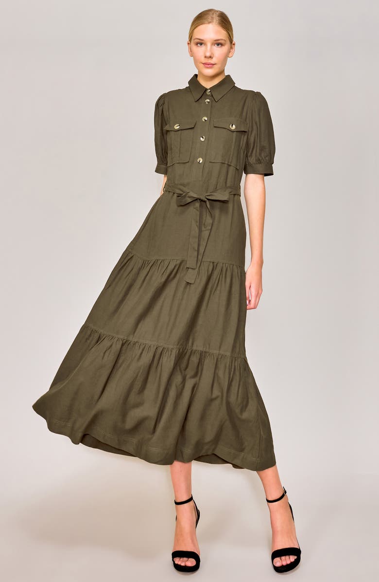 MELLODAY Puff Sleeve Linen Blend Maxi Shirtdress, Alternate, color, Olive