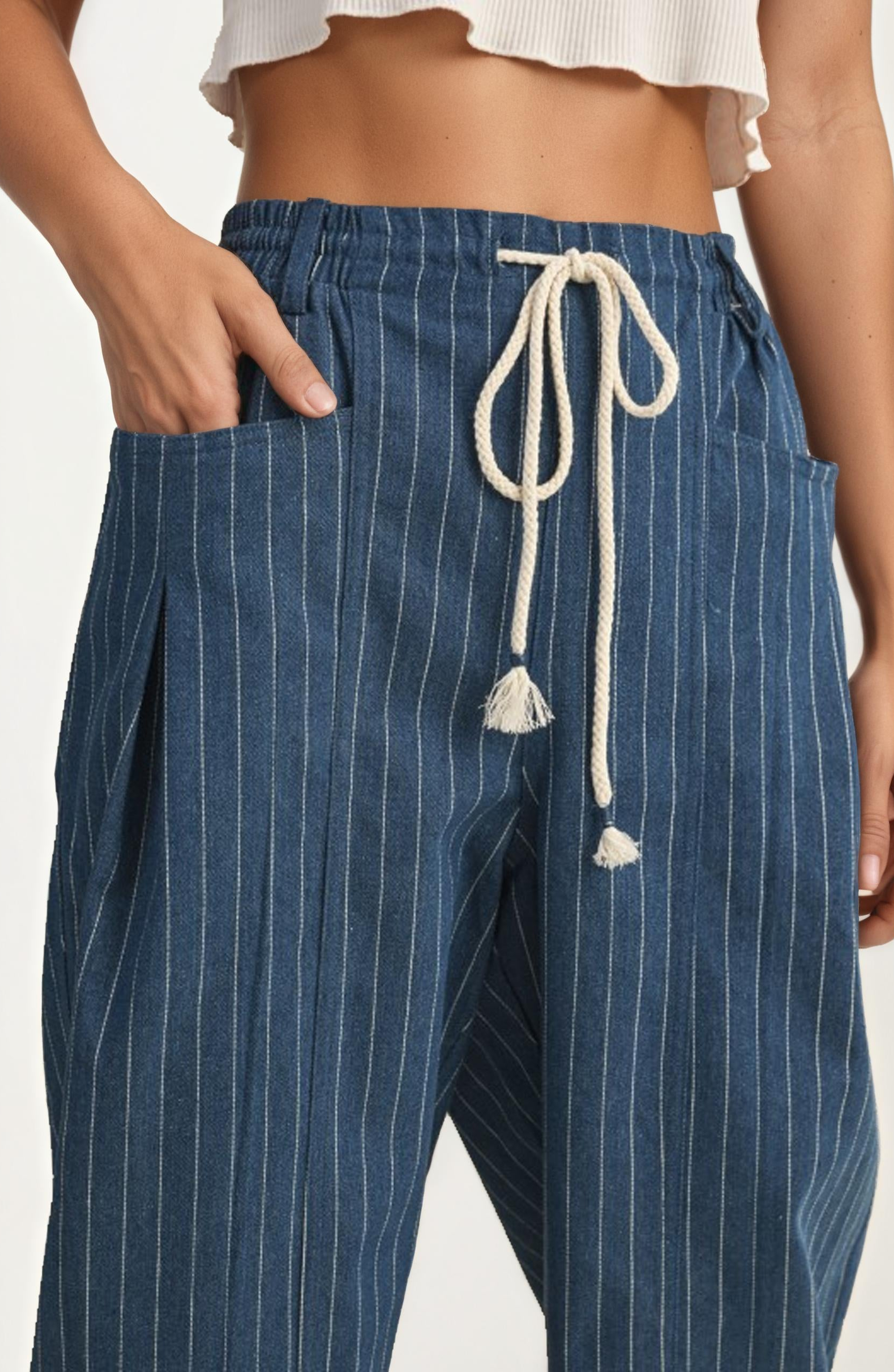 Striped Drawstring Denim Pants - image 2