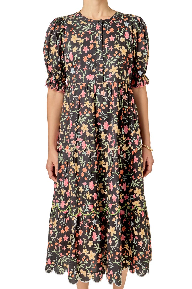 Scallop Edge Floral Print Midi Dress, Alternate, color, BLACK