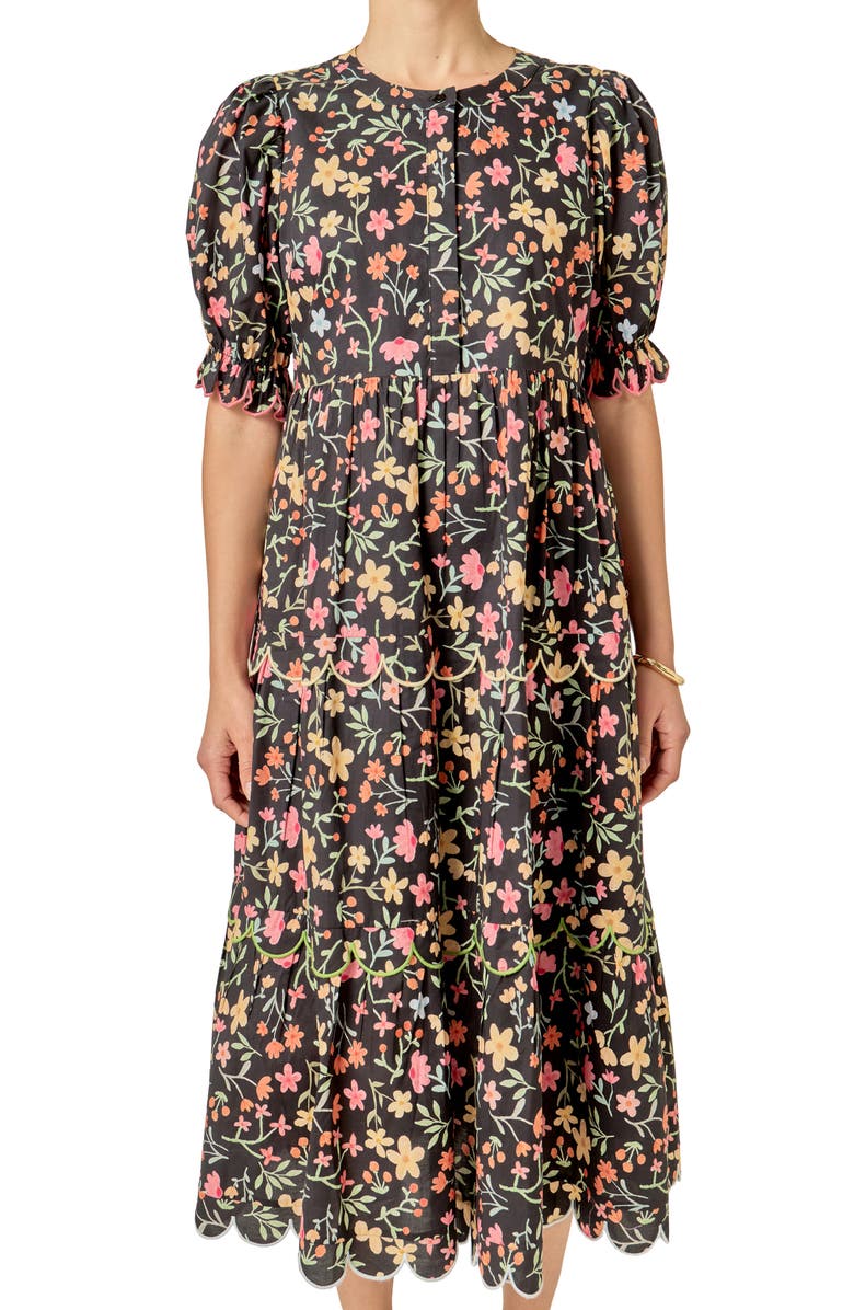 English Factory Scallop Edge Floral Print Midi Dress, Alternate, color, Black