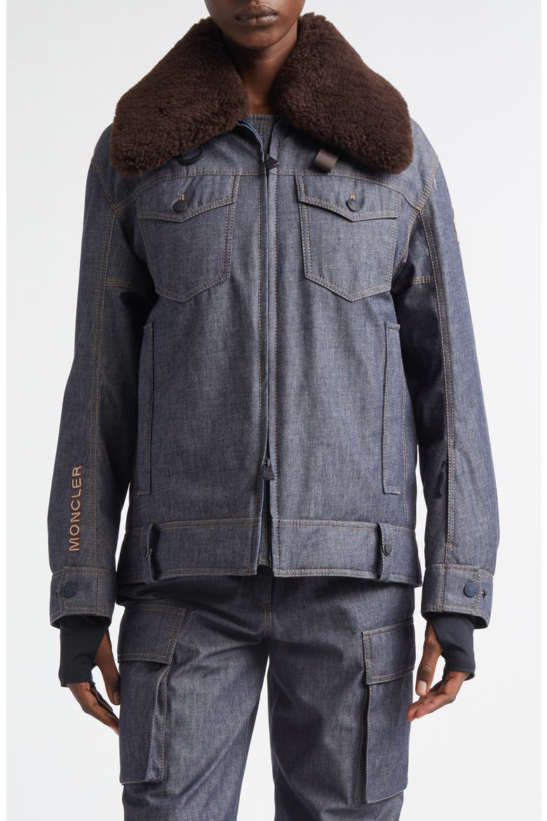 Yunque Denim Down Trucker Jacket with Genuine Shearling Collar, Main, color, BLUE
