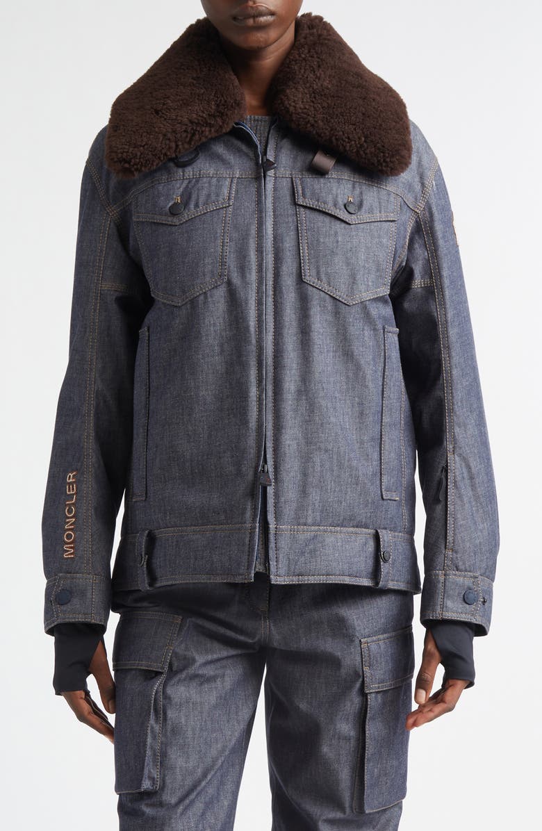 Moncler Grenoble Yunque Denim Down Trucker Jacket with Genuine Shearling Collar, Main, color, Blue