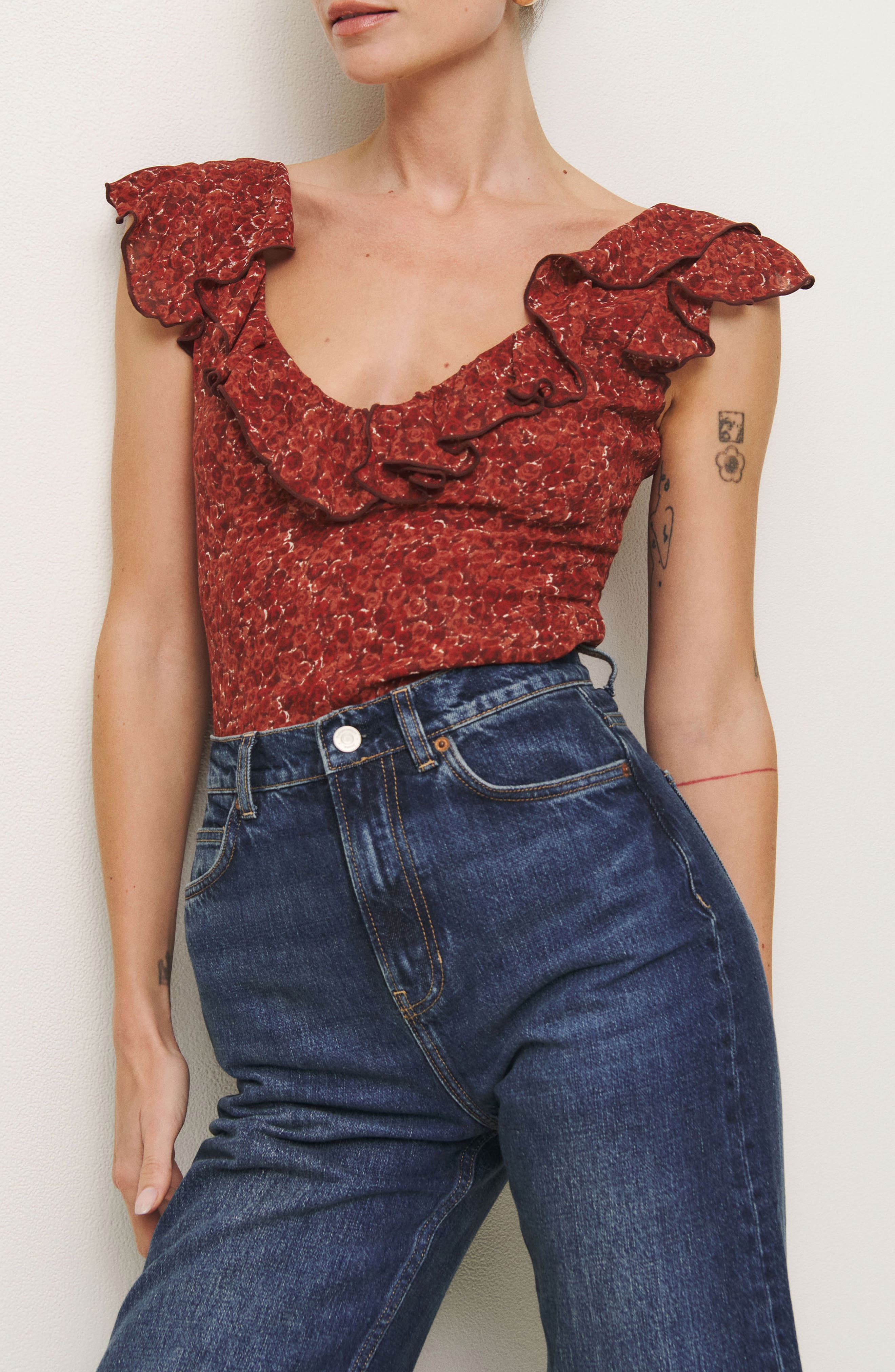 denim ruffle crop top