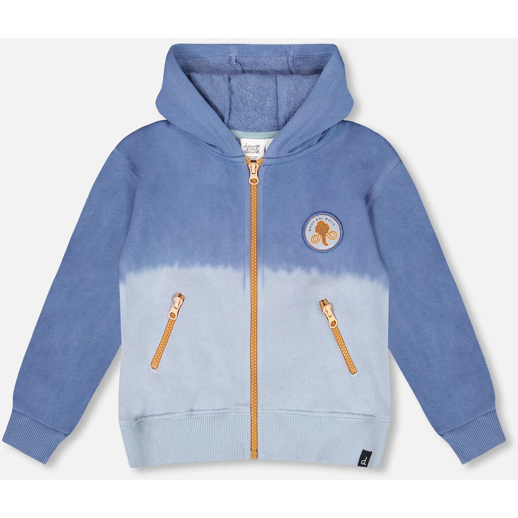 Deux Par Deux Full Zip Hooded Fleece Jacket In Blue
