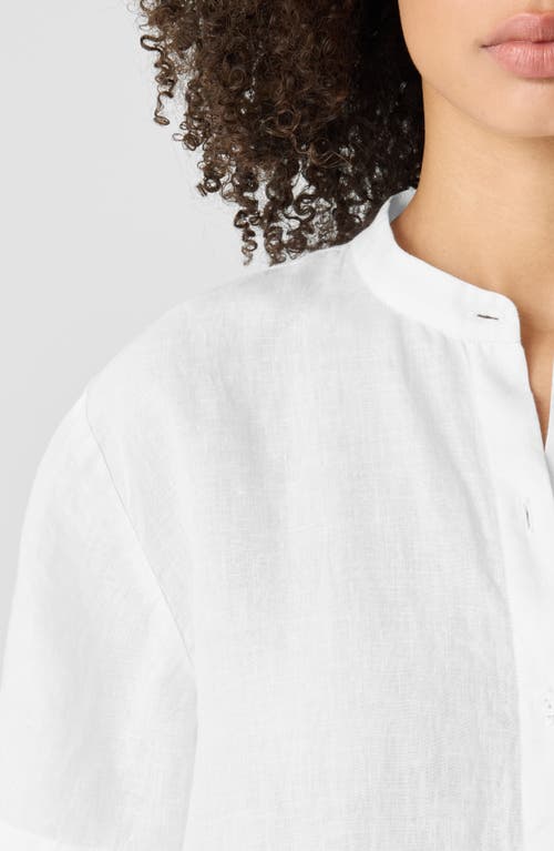 Eileen Fisher Band Collar Short Sleeve Organic Linen Button-up Shirt In White
