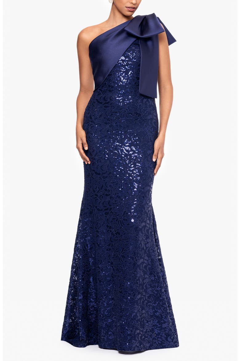 betsy and adam blue sequin dress & Sleeveless Gown (Women) Blue Denim A-Line Bow YGroup_LEGENDDRESS Women's Size:6 long sleeves